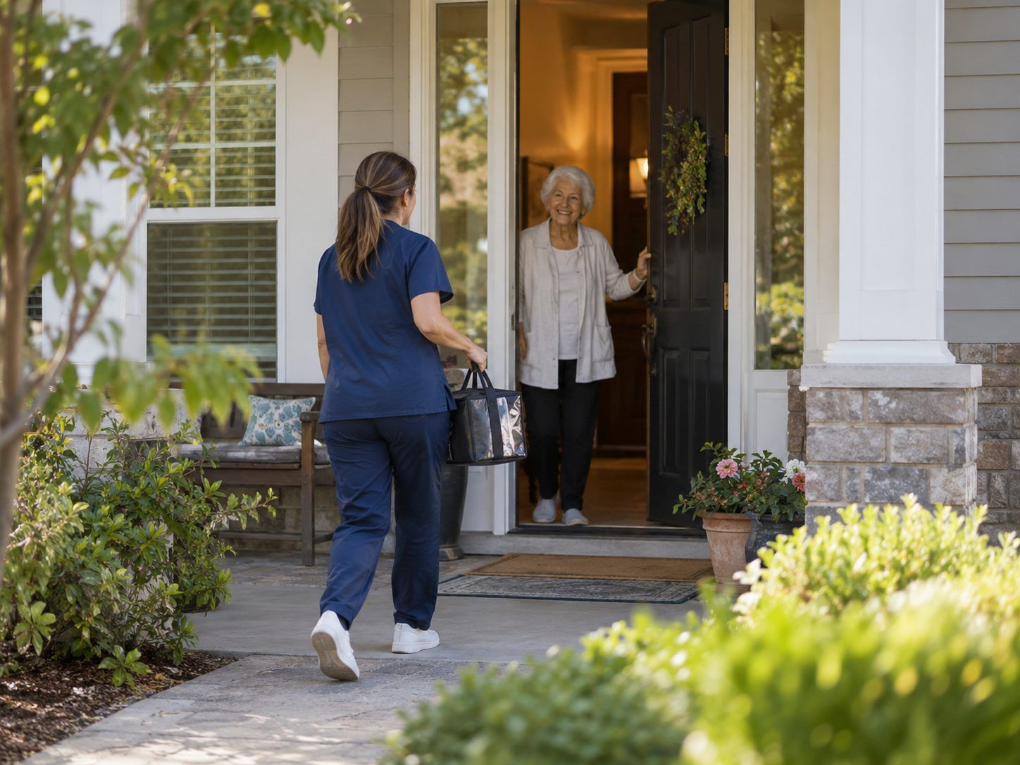 A caregiver with a tote bag walks up to the front porch where an older woman waits in the doorway.
