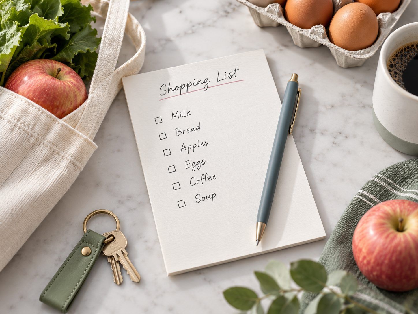 A handwritten shopping list with a pen, keys, apples and a tote bag on a kitchen counter.