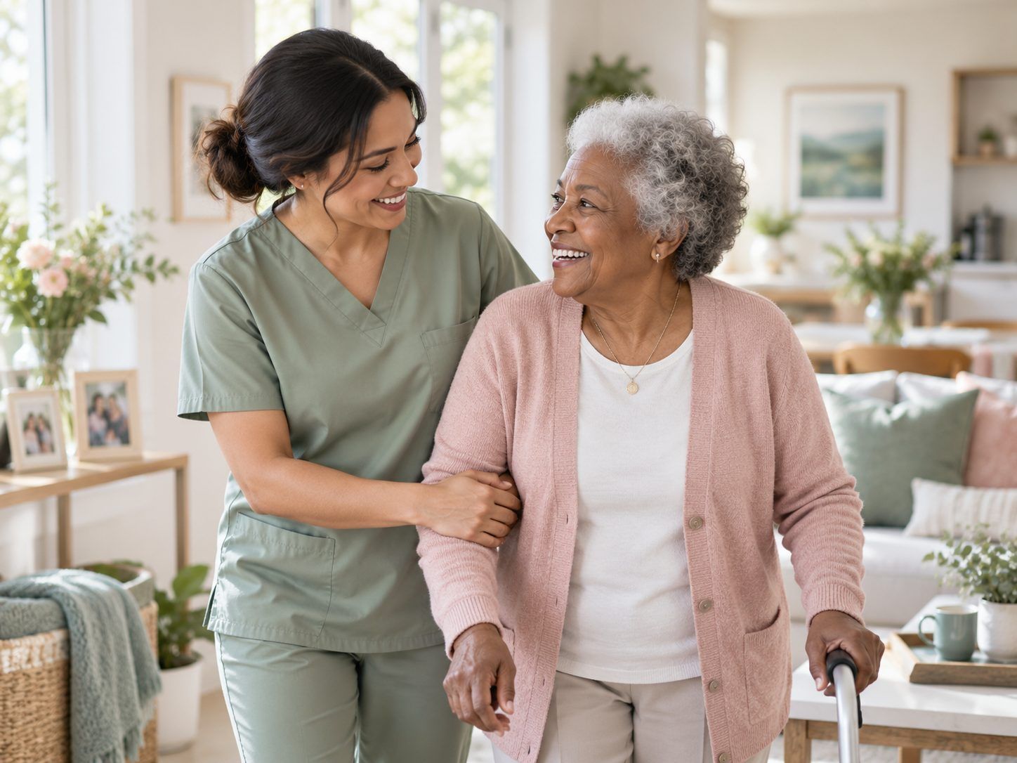 A caregiver walks arm in arm with a smiling older woman through a bright living room.